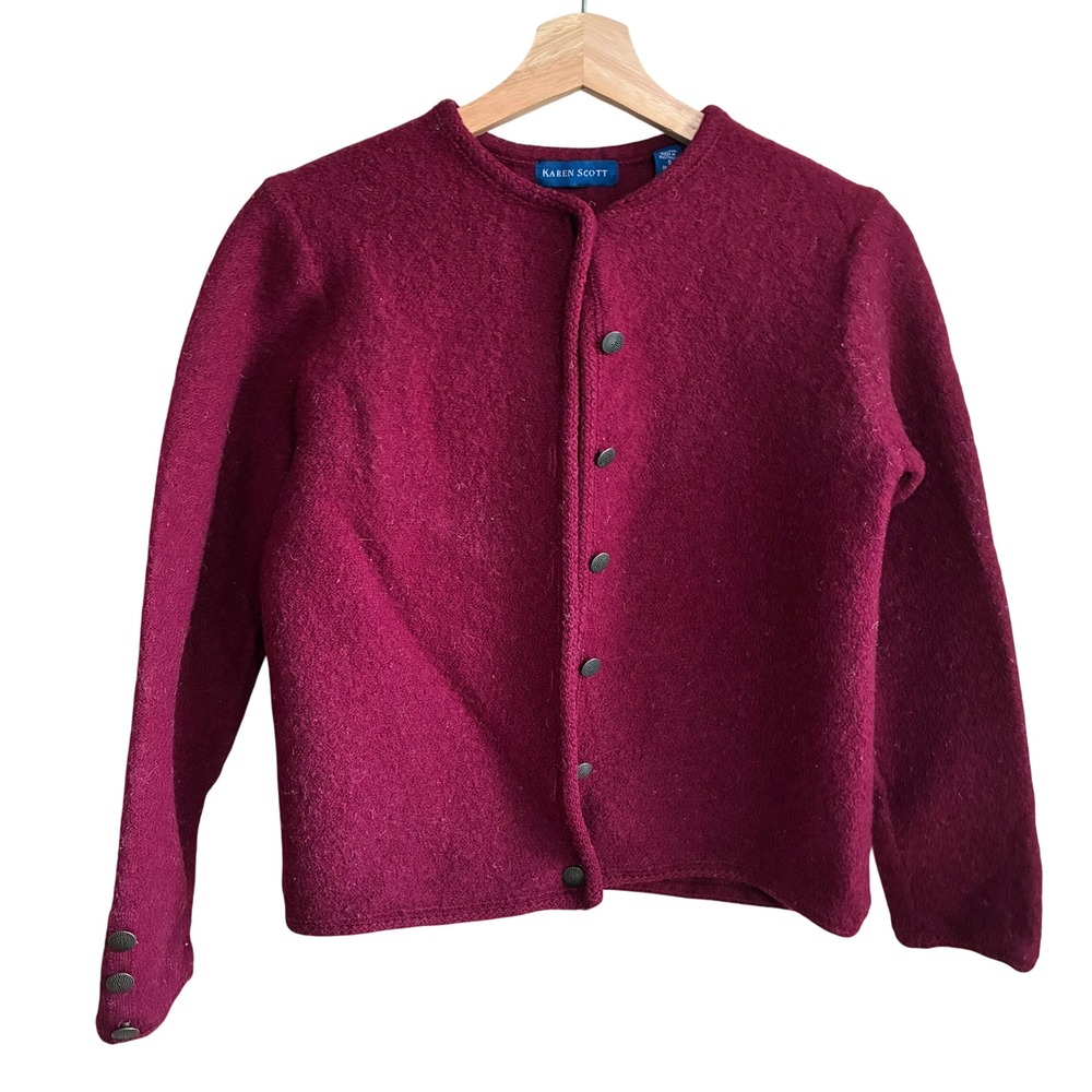 Vintage Karen Scott Boiled Wool Cardigan Sweater S Magenta Women 100% Wool